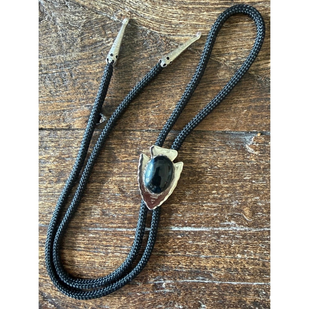 Silver Arrowhead‎ with Black Stone Bolo Tie Unisex Western Southwestern Boho